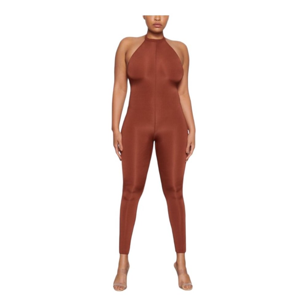 NT294 SKIMS NWT Skims Jelly Sheer Full Bodysuit Saffron Halter Onesie 3X